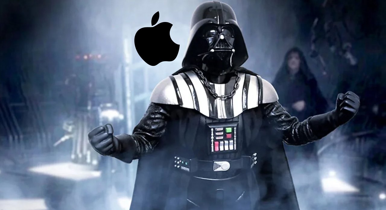 Darth Vader posiert neben dem Apfel-Logo von Apple.