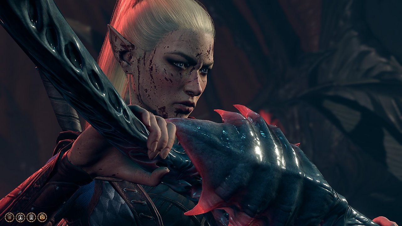 Eine Charakterin aus Baldur's Gate 3 mit blutverschmiertem Gesicht