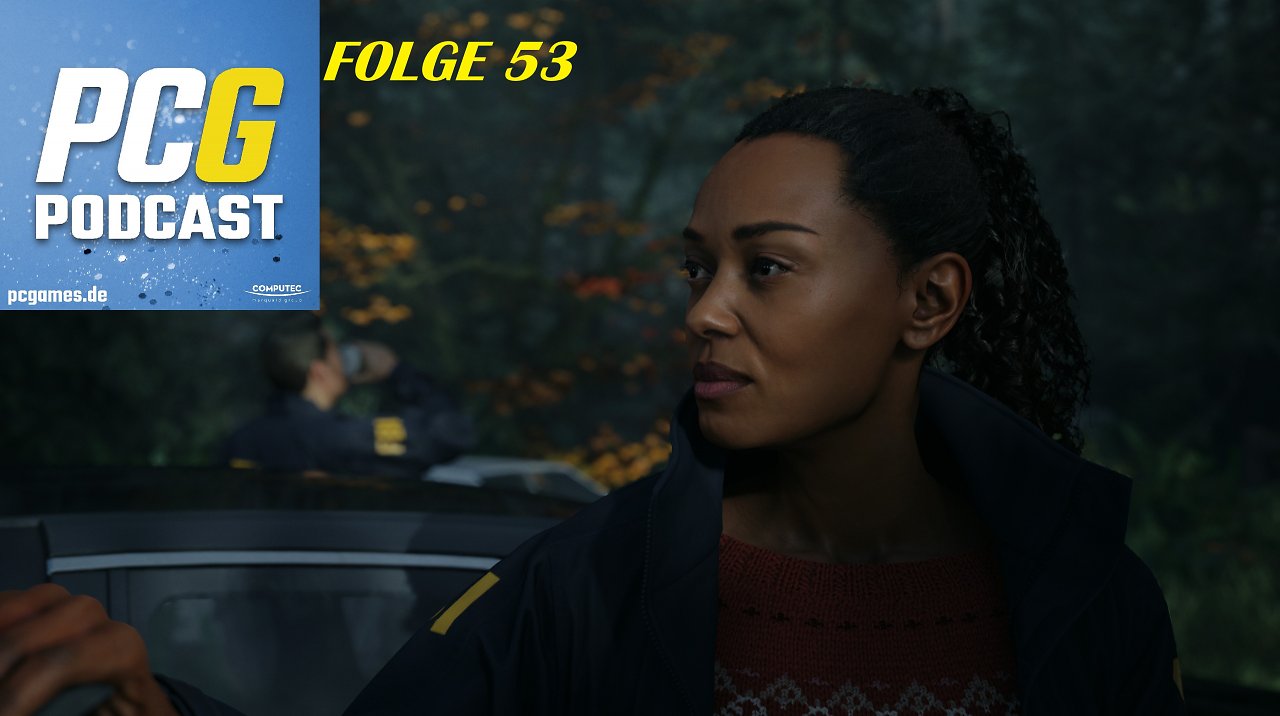 Figur Saga Anderson aus Alan Wake 2 bearbeitet mit dem Podcast-Logo von PC Games