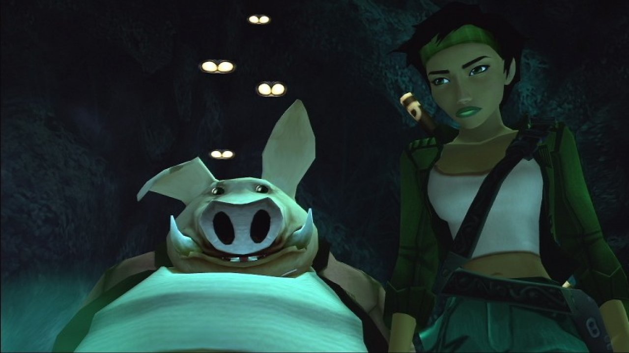Auf dem Bild sieht man Schweinchen und Sidekick Pey'j sowie Protagonistin Jade aus dem 2003 veröffentlichten Ubisoft-Spiel Beyond Good & Evil.