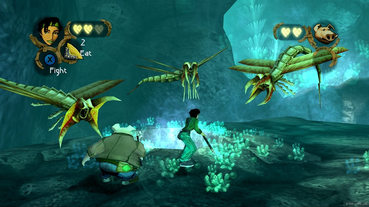Eine typische Kampfszene aus Beyond Good & Evil, in der es Jade und Pey'j mit fliegenden Gegnern zu tun bekommen.