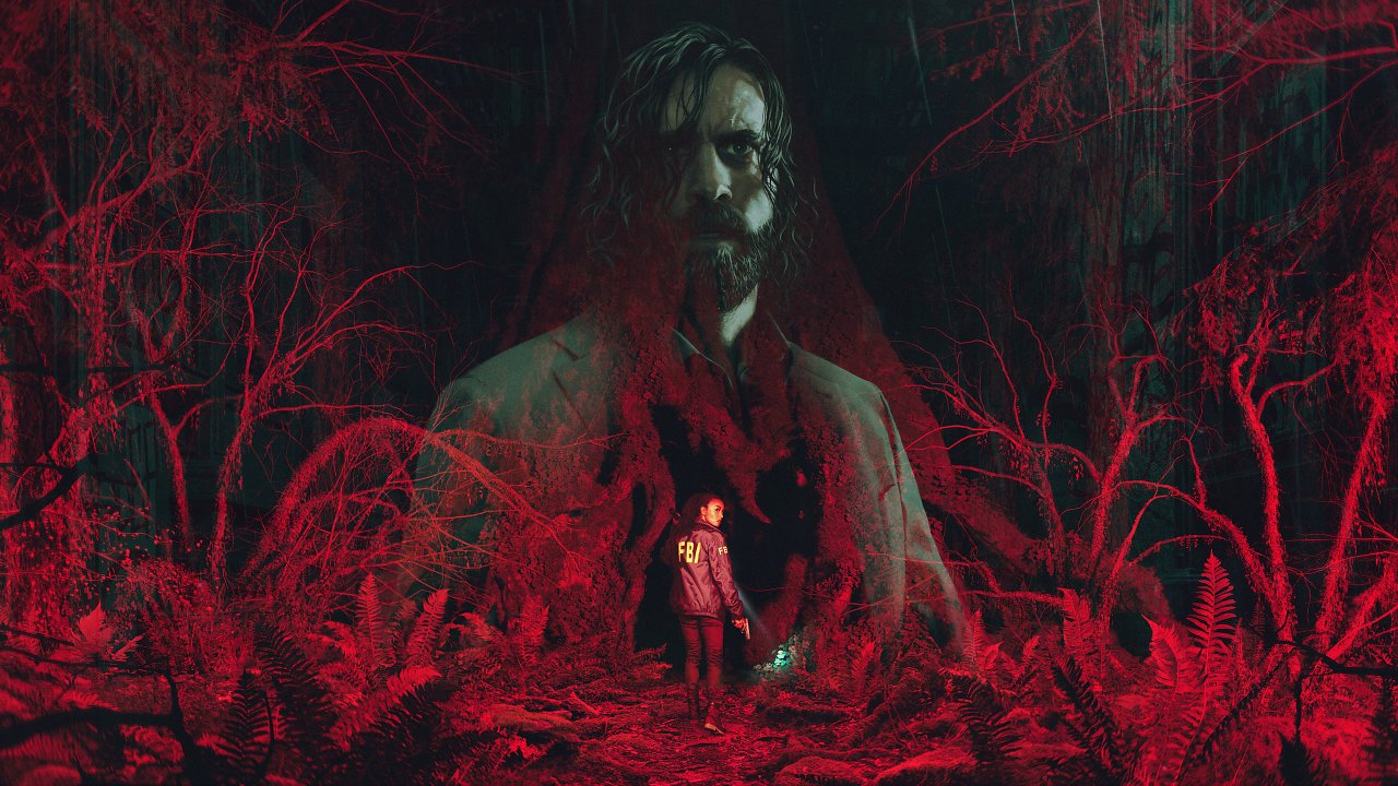 Alan Wake steht im Hintergrund, eine Frau davor.