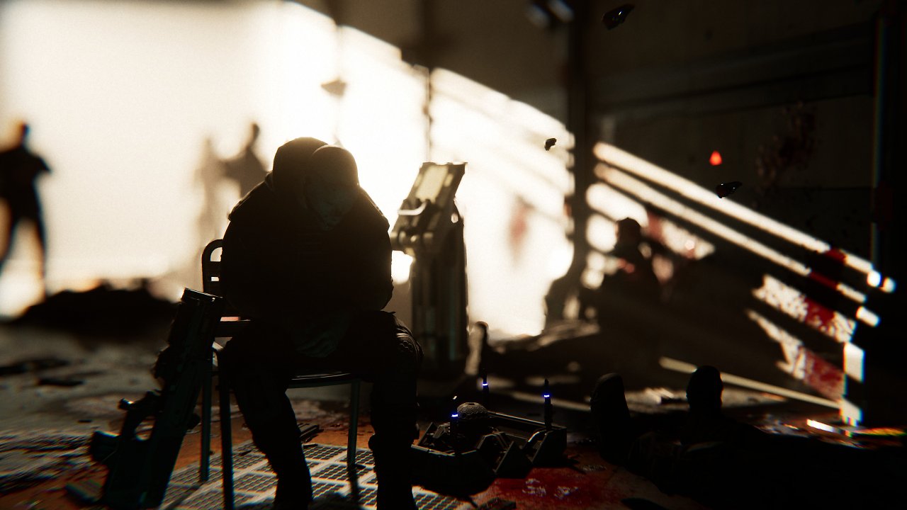 Räuber sitzt in einem zerstörten Raum