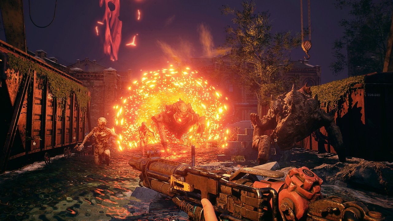 Eine Figur mit Waffe wird von verschiedenen Wesen angegriffen