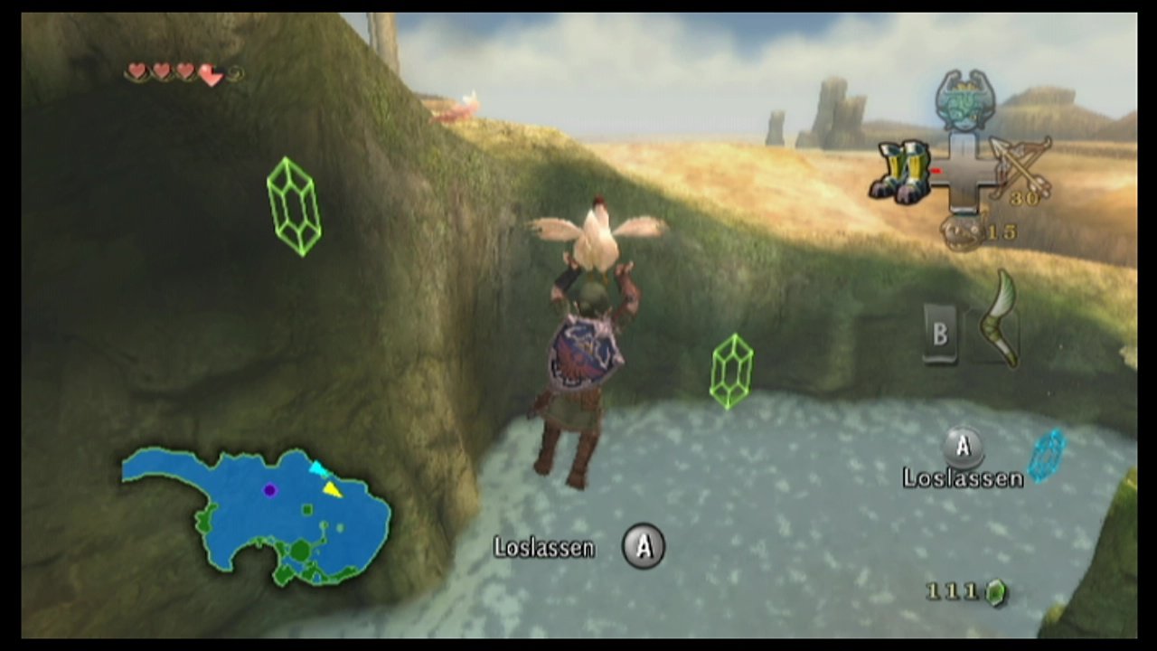 Link fliegt mit einem Huhn und versucht, die Rubine in der Luft zu treffen.