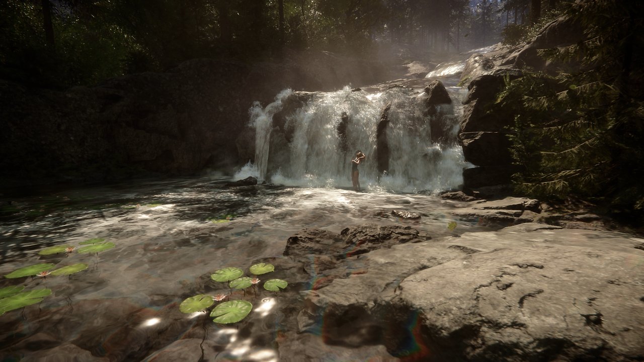 Mutantin Virginia steht vor einem Wasserfall