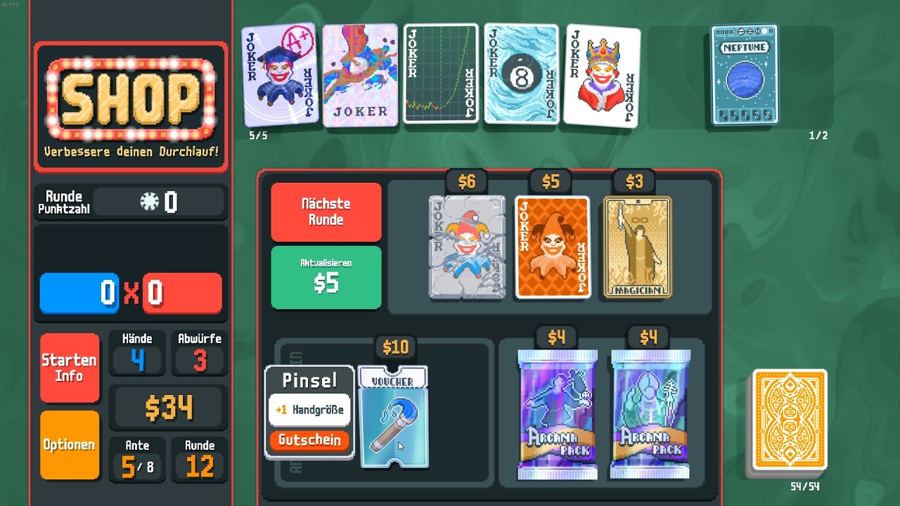 Nach jeder Runde landet ihr im Shop, wo ihr euer knappes Geld für Upgrades, Joker und Booster ausgebt.