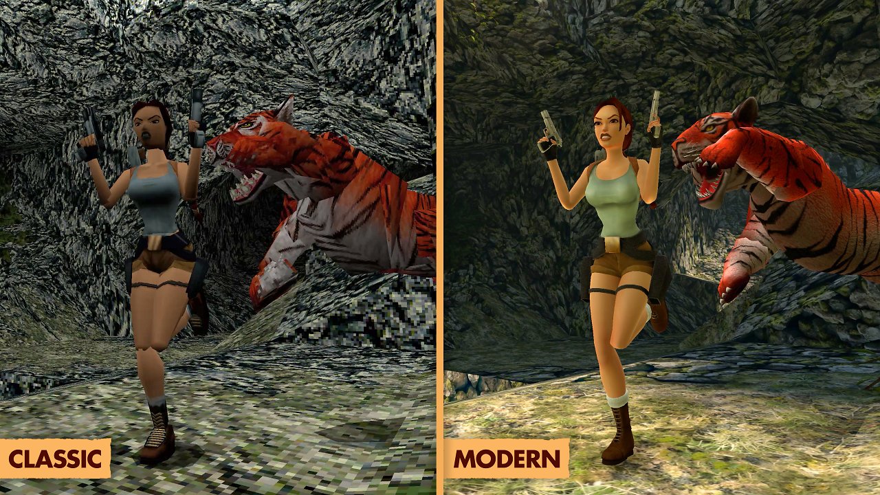 Grafikvergleich von Lara und einem Tiger mit der alten Version links, der neuen Version rechts.