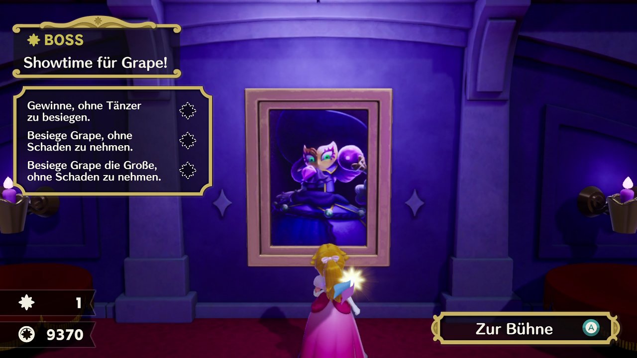 Peach steht vor dem Porträt von Grape