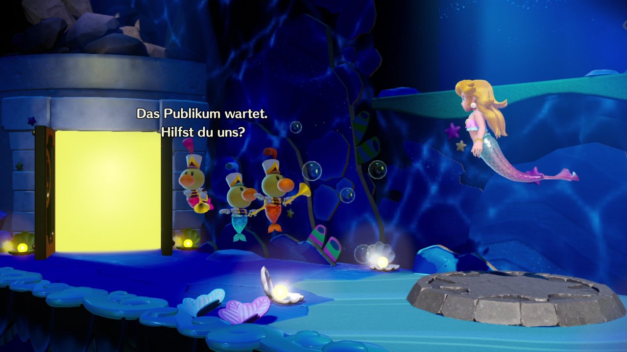 Meerjungfrau-Peach wird von den Meeresbewohnern um Hilfe gebeten
