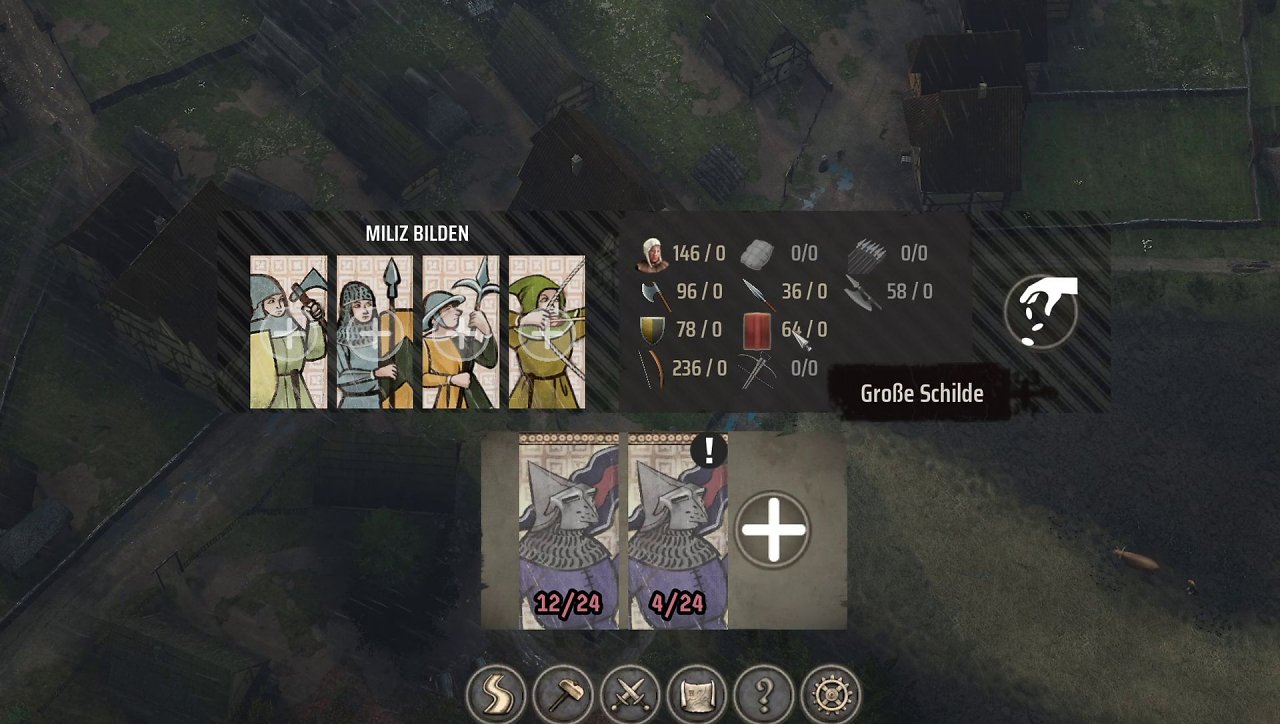 Um Milizen aufzustellen braucht ihr nur willige Dorfbewohner, Waffen und Schilde. Helme und Rüstungen sind sein optional, erhöhen aber natürlich die Abwehr eurer Milizen.