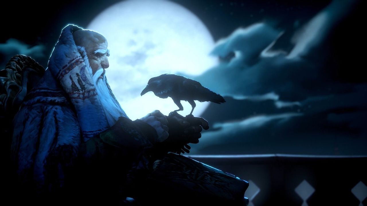 Ein alter Mann sitzt mit einem Vogel auf dem Arm vor dem Mond.