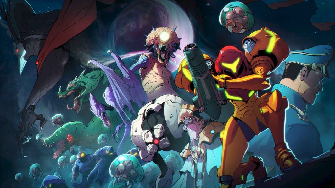 Eine Grafik, die sämtliche Bossgegner aus der Metroid-Reihe zeigt. Samus kniet vorne im Bild.