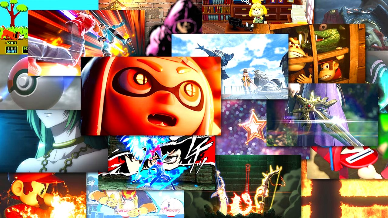 Eine Collage aus Screenshots der Kämpferankündigungen bei Super Smash Bros.