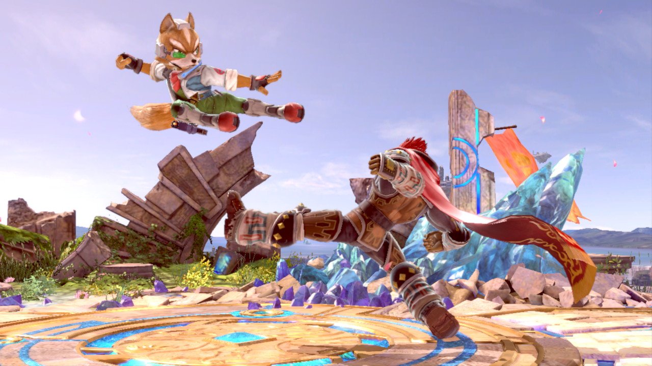 Fox springt mit einem Kick auf Ganondorf, der am Boden ebenfalls sein Bein ausstreckt.