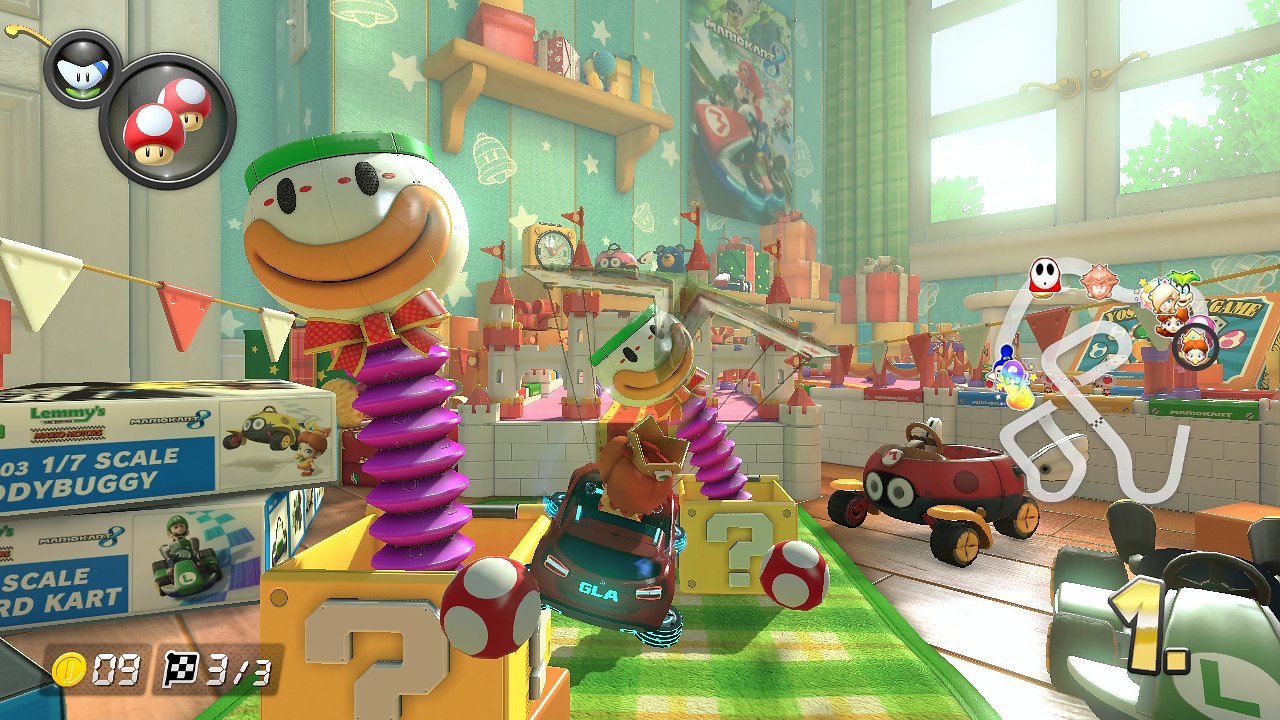 Baby Daisy fliegt in Mario Kart 8 Deluxe über die Partystraße.