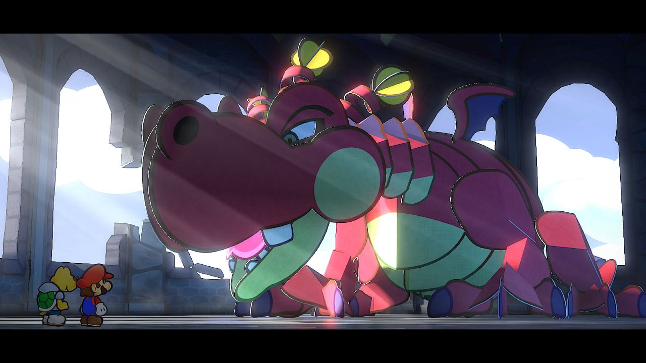 Mario und Koopio stehen vor dem Drachen namens Lohgard
