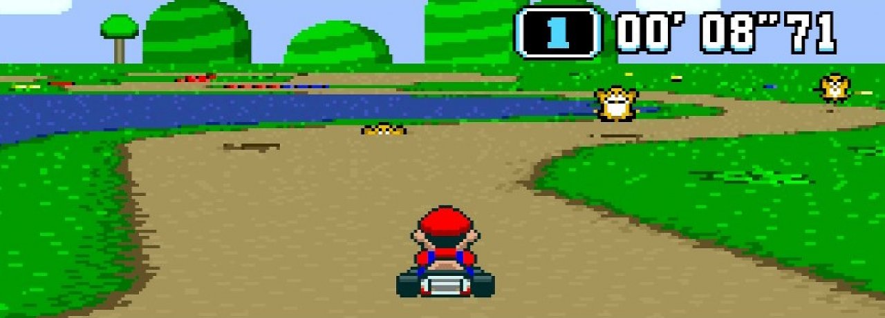 Mario fährt durch Donut Ebene 2 in Super Mario Kart.
