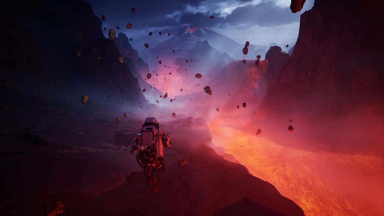 Ein Ausflug in die Steinwüste des Planeten mit Lavafluss in The Alters