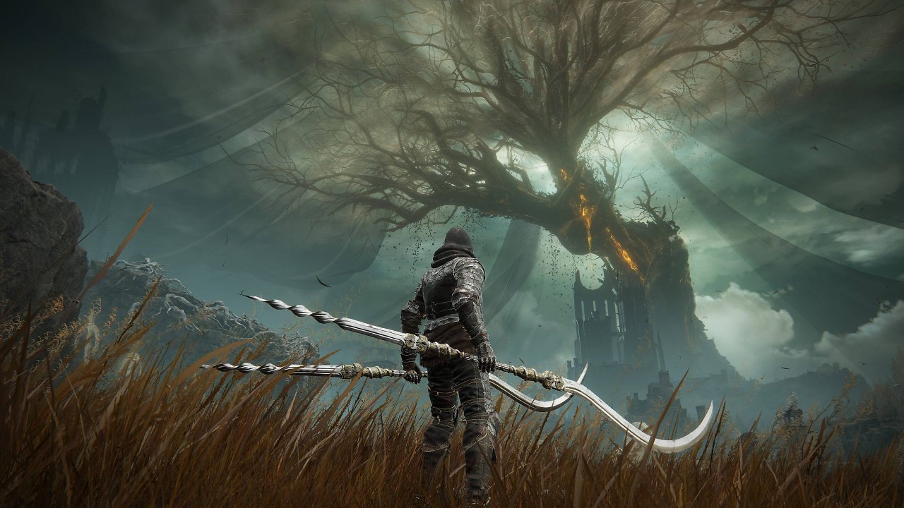 Elden Ring Charakter im Shadow Realm mit zwei Götterskalphäuter-Waffen