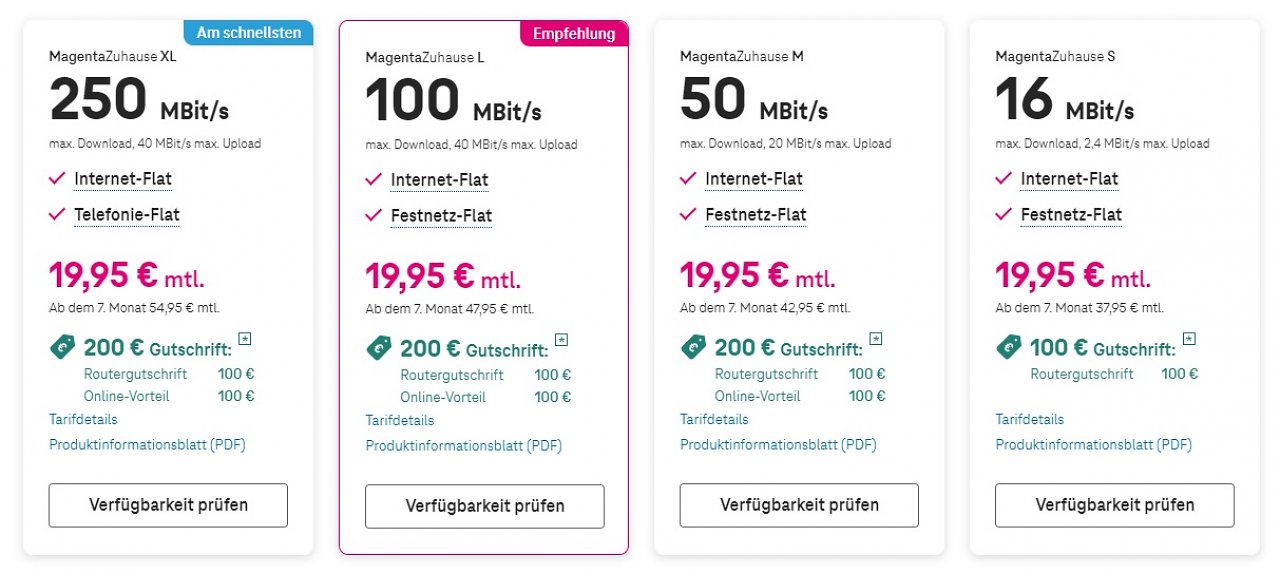 Übersicht über die DSL-Verträge der Telekom namens "MagentaZuhause"