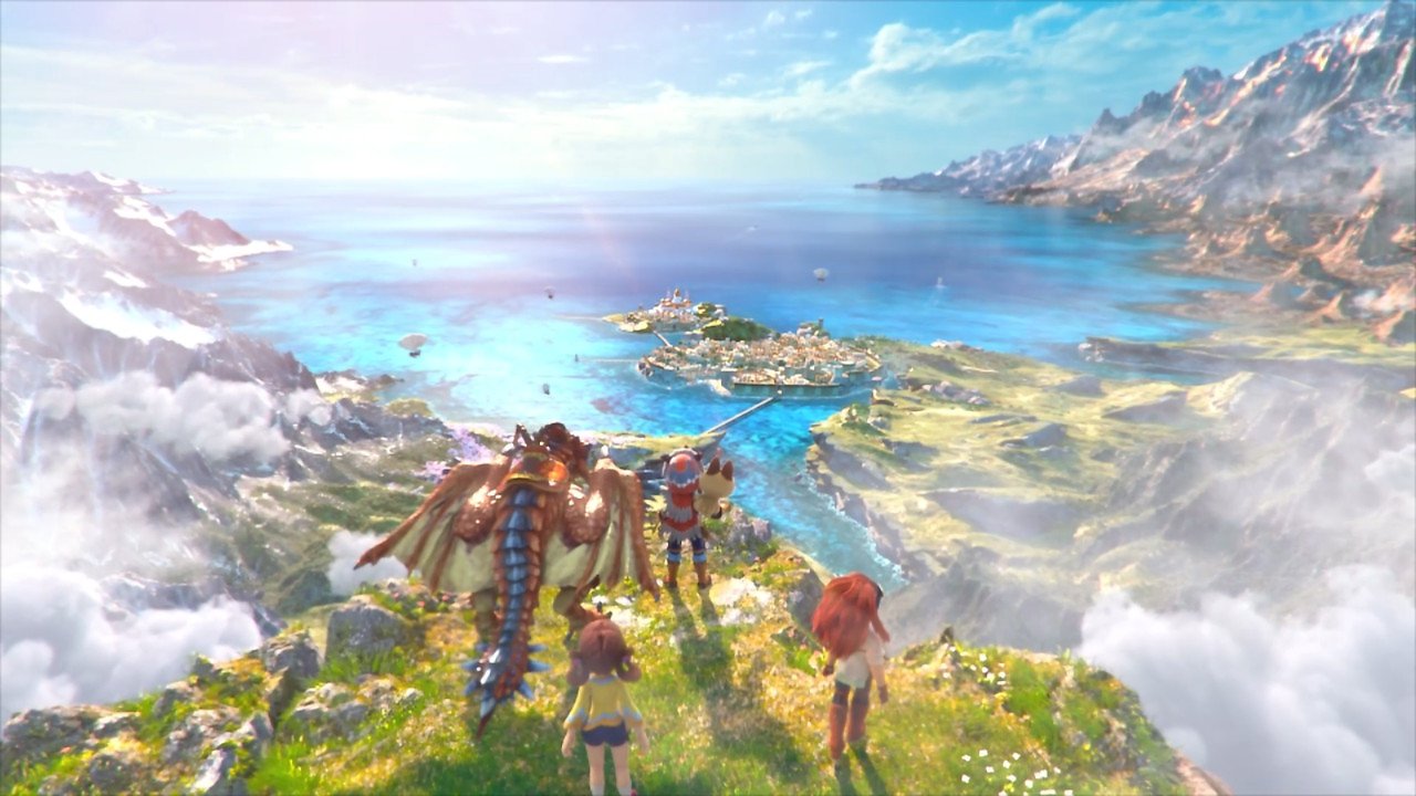 Ein Bild aus der vorgerenderten Sequenz, bei der unser Protagonist und sein Rathalos von einer Klippe auf die Welt blicken.