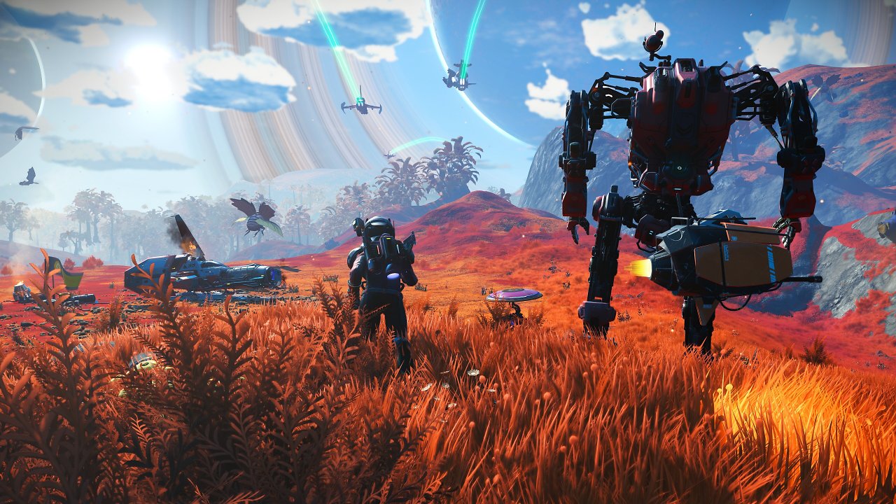 Eine Figur und ein Mech laufen auf der Oberfläche eines Planeten
