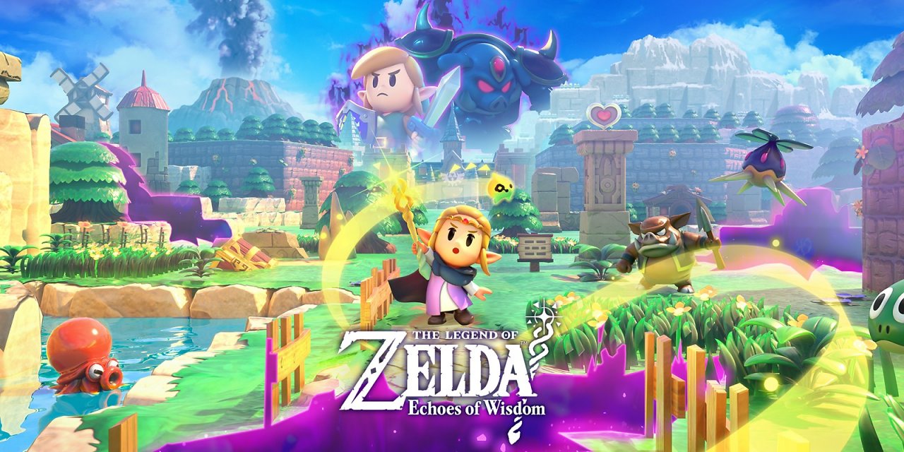 Das offizielle Poster zu Zelda: Echoes of Wisdom: Zelda schwingt im Vordergrund ihren Zauberstab und im Hintergrund sind Link und Ganon zu sehen.