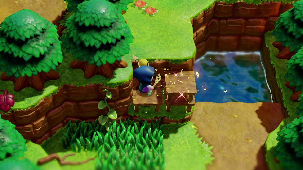 Zelda nutzt die Kopien mehrerer Tische, um einen Vorsprung hinaufzuklettern.