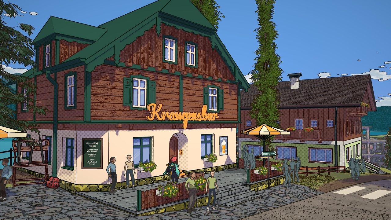 Die gemütliche Krampusbar im Dorf des Spiels