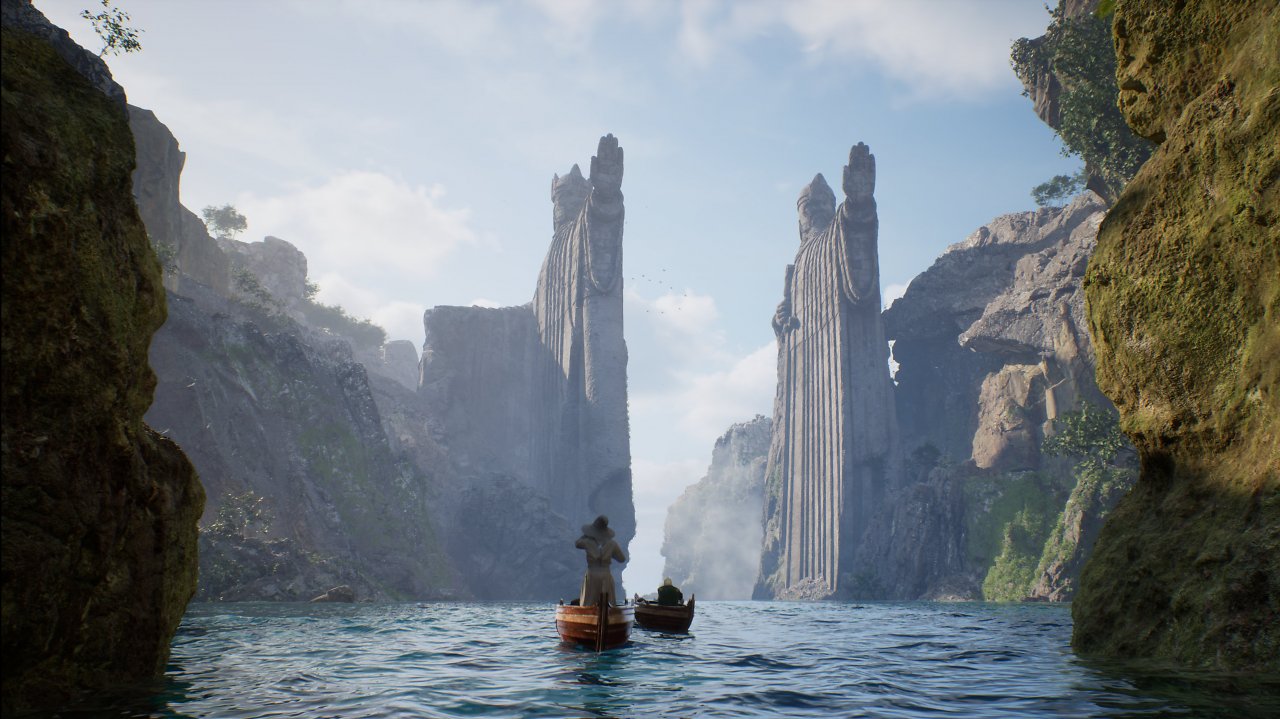 Zwei Boote auf dem Wasser vor den Argonath aus Der Herr der Ringe.