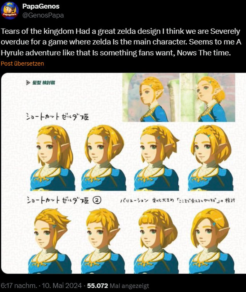 Der Leak Tweet von Papagenos zeigt neben verschiedenen Frisuren für Zelda auch eine mysteriöse Nachricht.