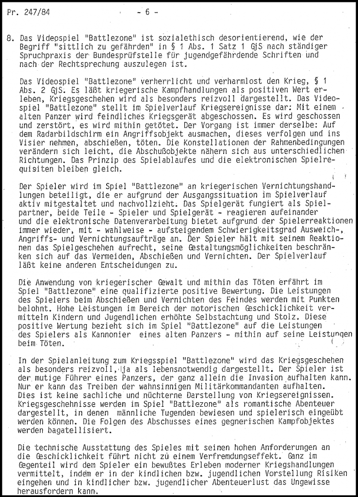 Seite 6 aus der Indizierungs-Akte zu Battlezone zeigt, wie die Bundesprüfstelle bei Kriegsspielen argumentierte. Ein Großteil der Formulierungen war immer gleich.