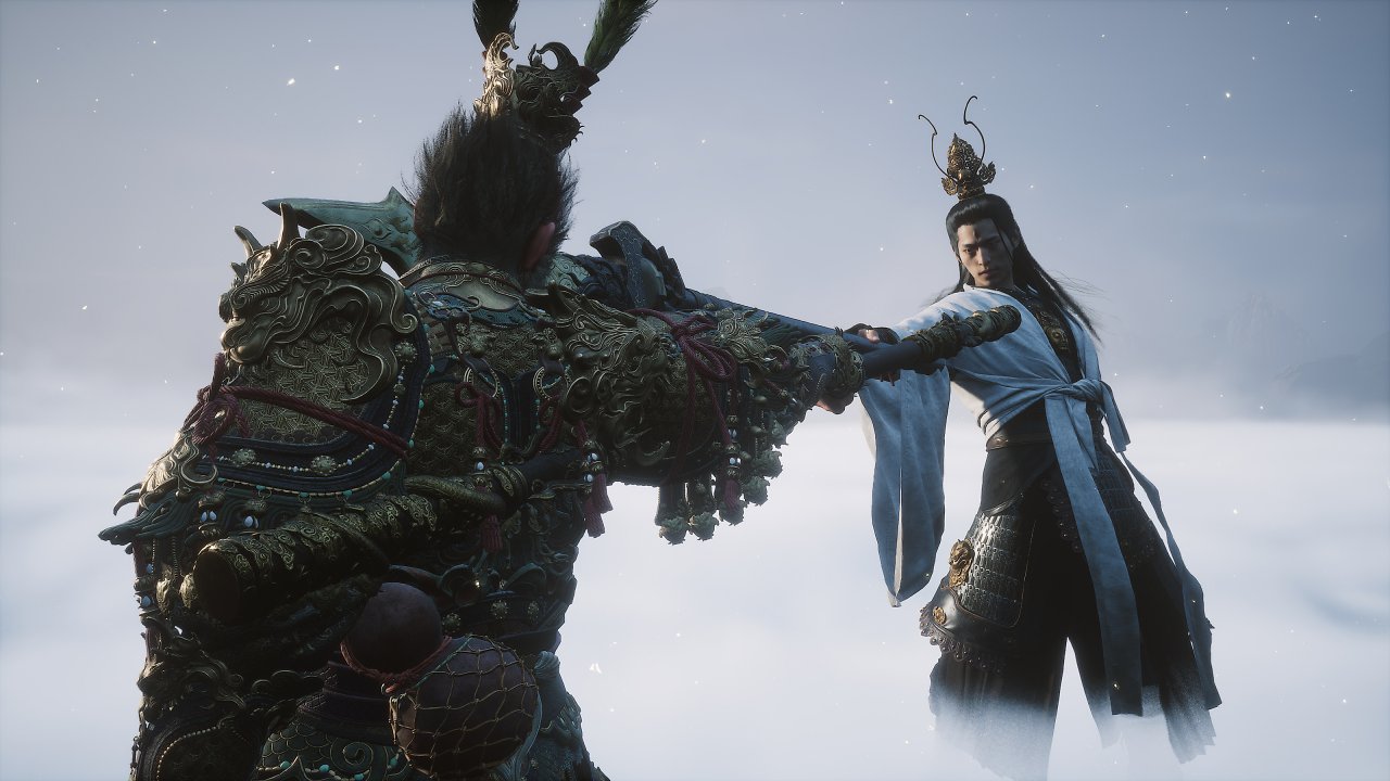 Wukong duelliert sich mit einem Krieger über den Wolken.