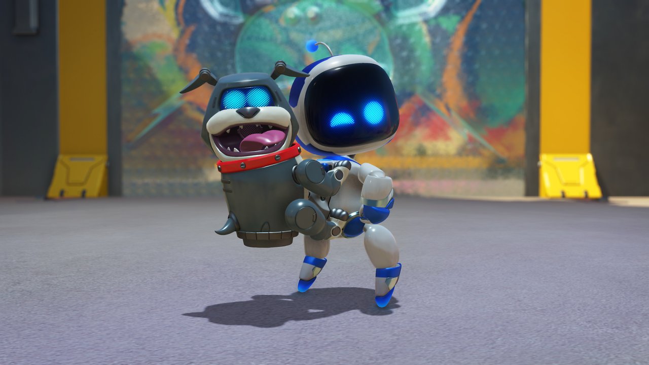 Astro Bot trägt das Hunde-Gadget auf dem Rückem