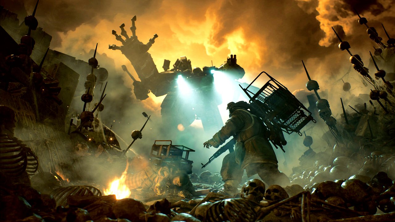 Ein Plünderer steht in einer zerstörten Umgebung. Im Hintergrund bäumt sich ein Mech auf.