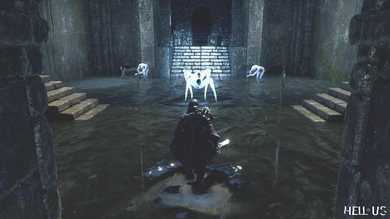 Ein Krieger in einem dunklen Tempel vor einigen weißen Kreaturen