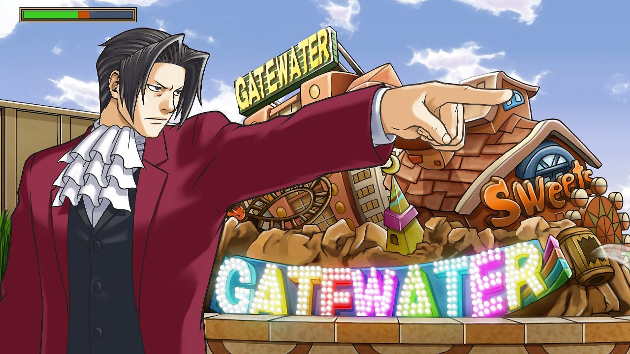 Miles Edgeworth erhebt seinen Finger für seinen eingelegten Einspruch.