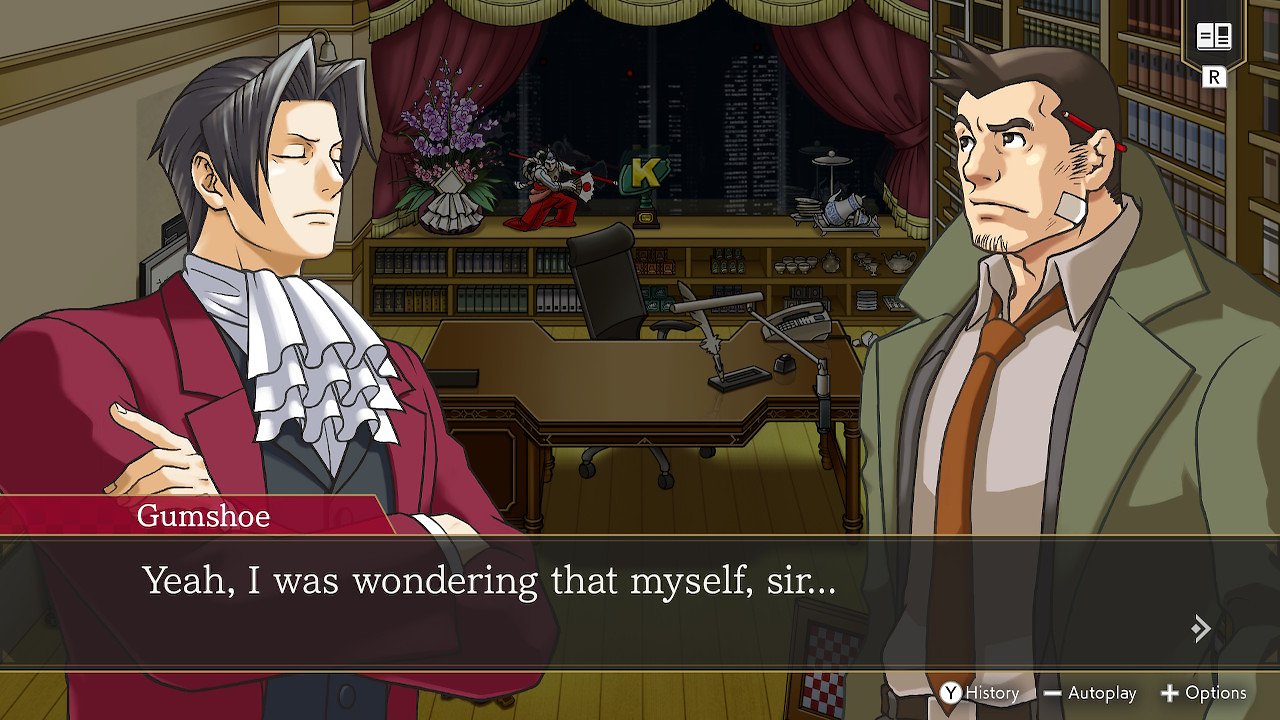 Miles Edgeworth und Inspektor Dick Gumshoe in einem Dialog.