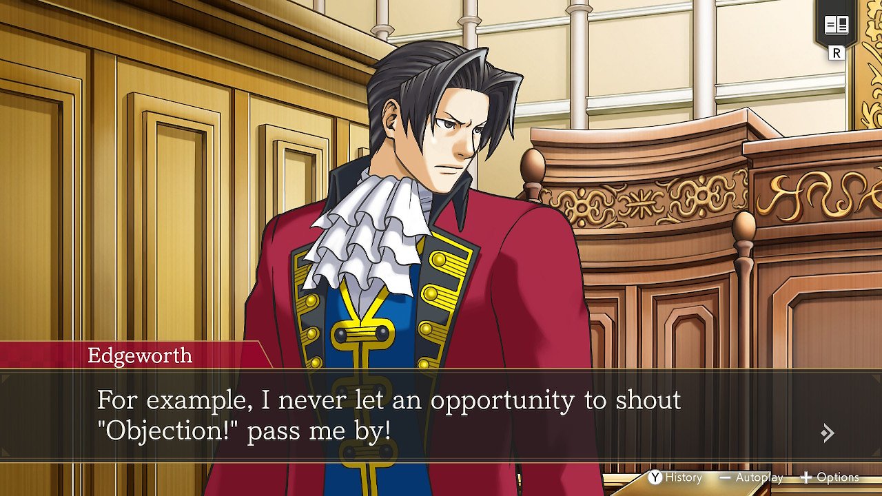 Miles Edgeworth in seiner Anwaltsrobe im Gerichtssaal.