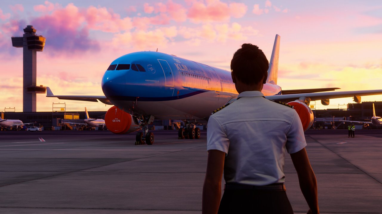 Charakter steht vor einem Flugzeug