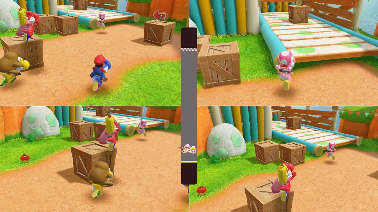 Vier Spieler auf Yoshis bei einem Minispiel