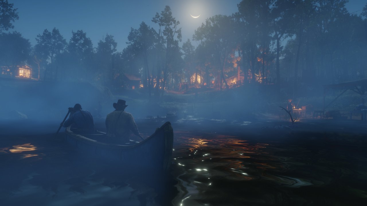 Ein Boot fährt über einen Fluss, im Hintergrund brennen Hütten