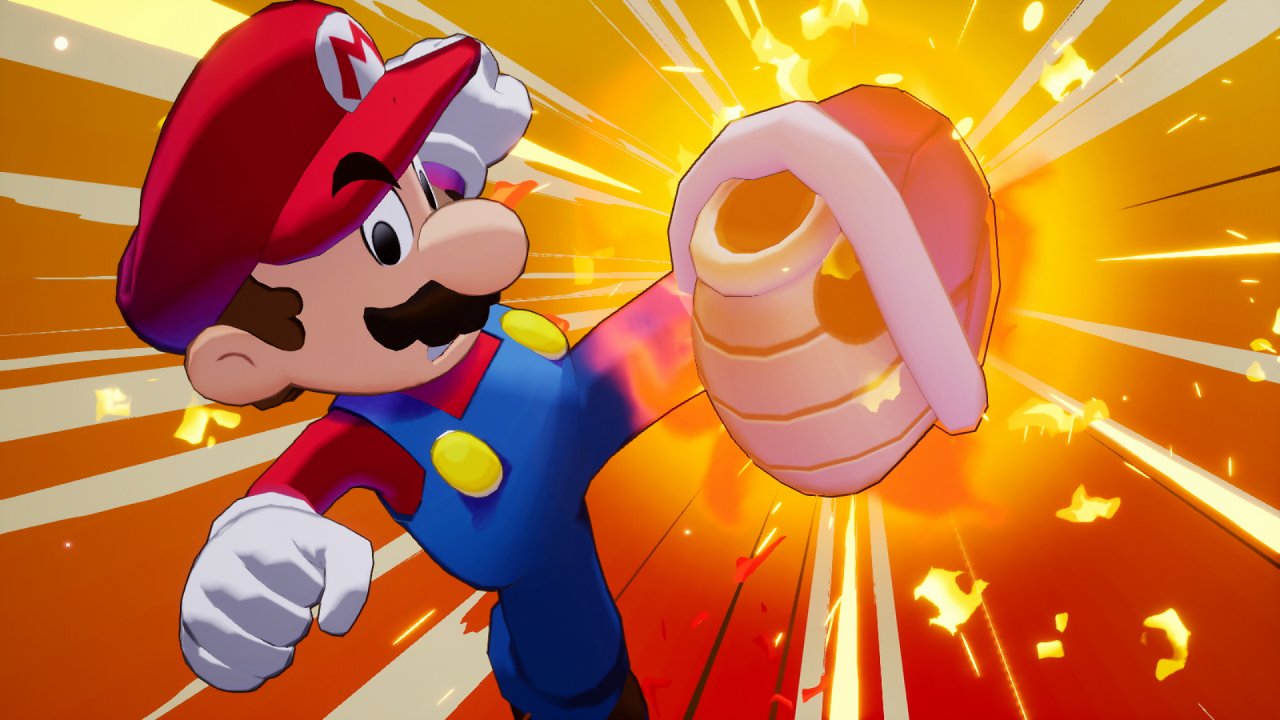 Mario tritt gegen einen roten Panzer
