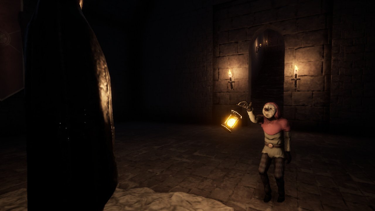 Eine Figur steht mit einer Lampe vor einem mysteriösen Etwas