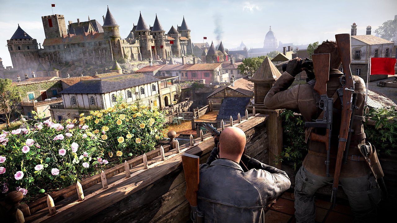 Spieler spähen das Gebiet vor einem Schloss aus