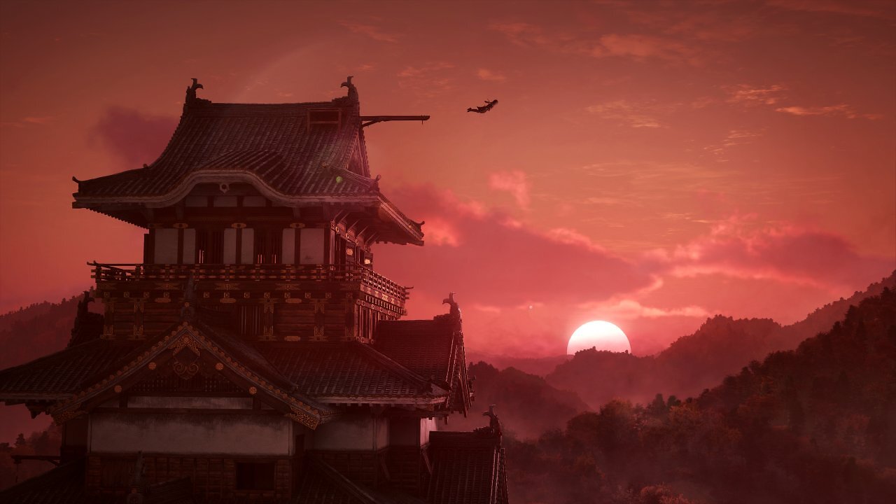 Ein japanisches Gebäude mit einem Sonnenaufgang im Hintergrund. Naoe führt von der Spitze einen Leap of Faith aus.