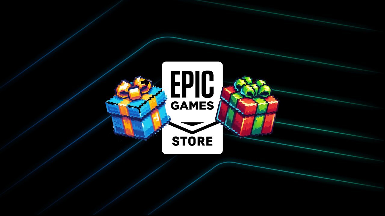 Logo des Epic Games Store mit zwei pixeligen Geschenken.