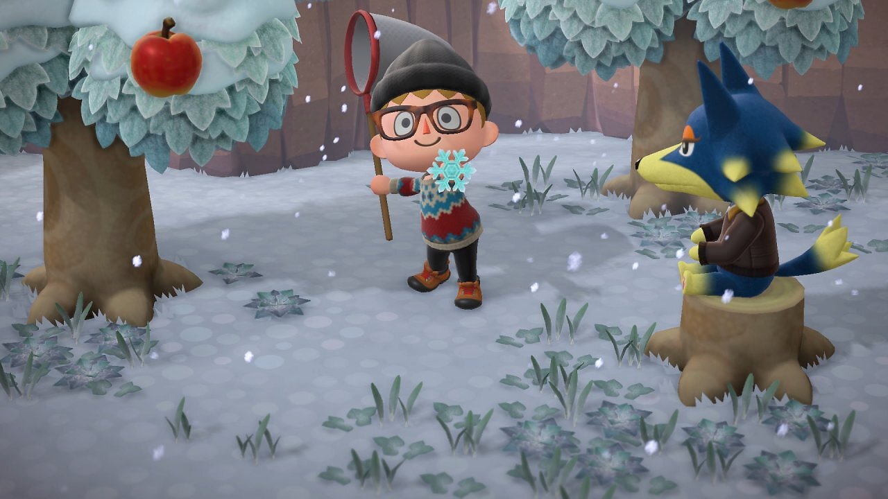 Die Figur hat eine Schneeflocke gefangen