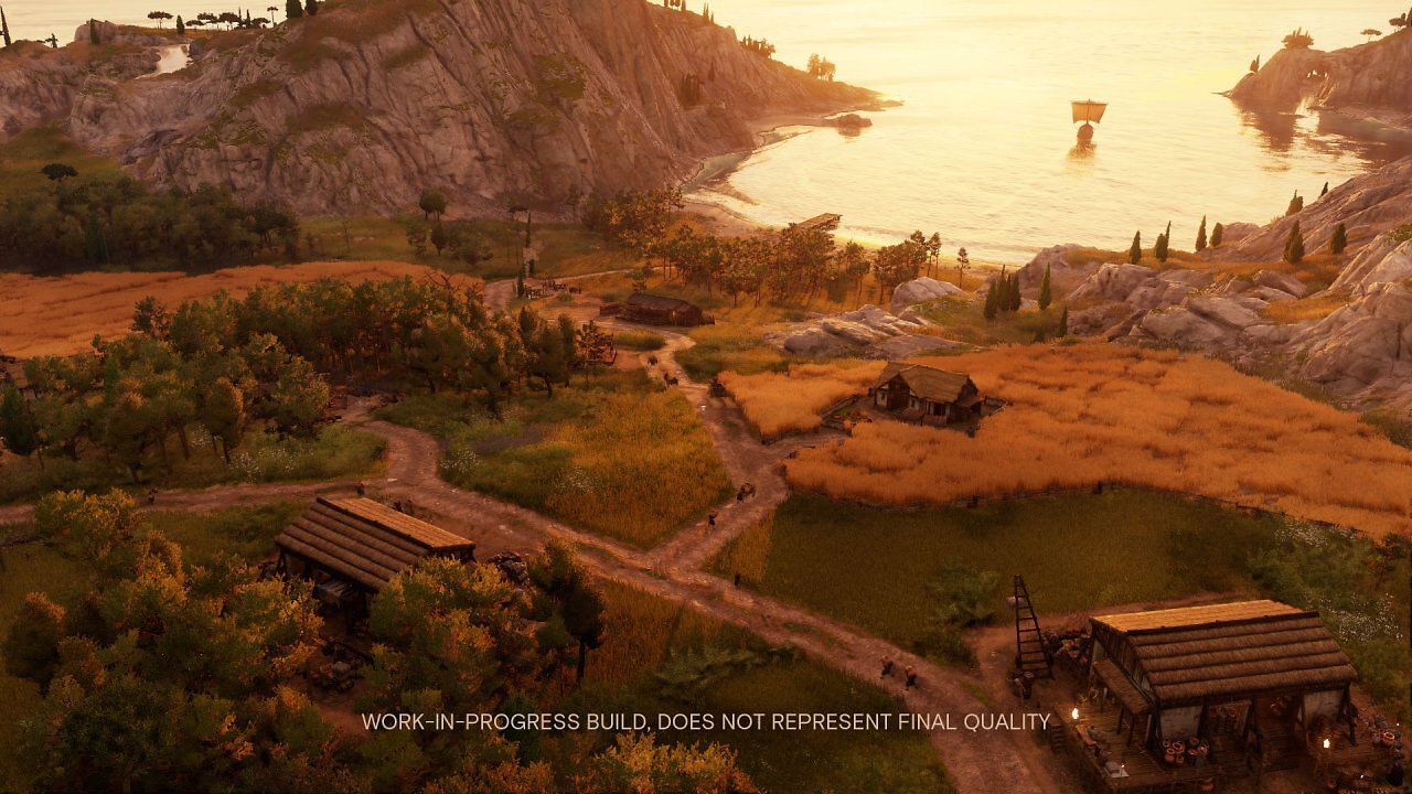 Ausblick auf einen Sonnenuntergang in Anno 117. Im Hintergrund fährt ein Schiff aus einer Bucht, im Vordergrund sieht man Gebäude, Straßen, Felder und Wälder.